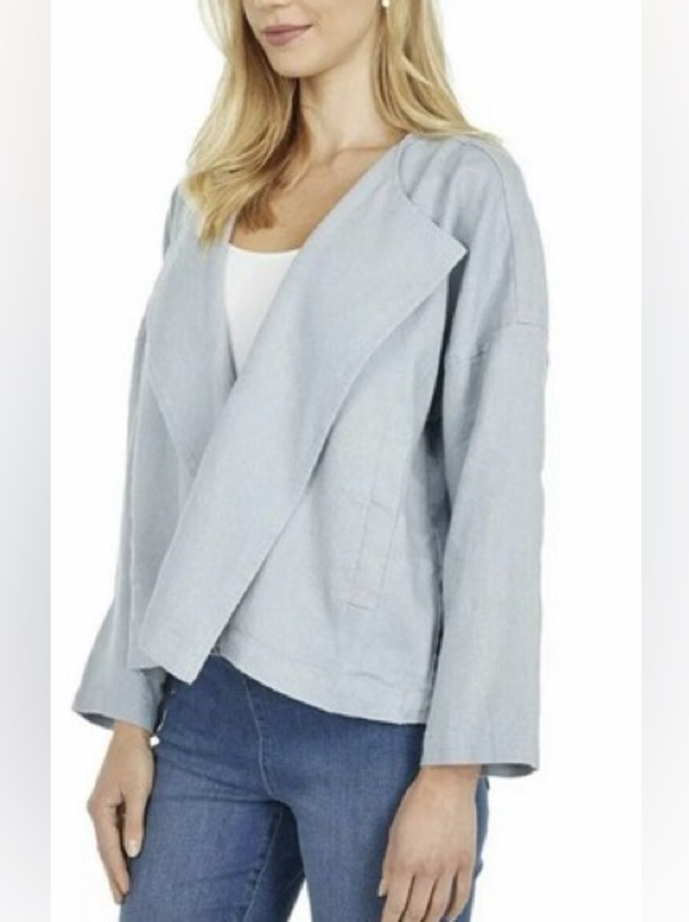 Eileen Fisher Organic Linen Blue Dawn Drape Front Jacket